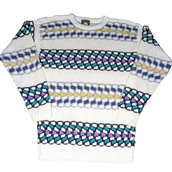 Vintage 1980s Sweater Womens Large Out of Bounds Patterned Dad Knit Crewneck - Picture 1 of 4